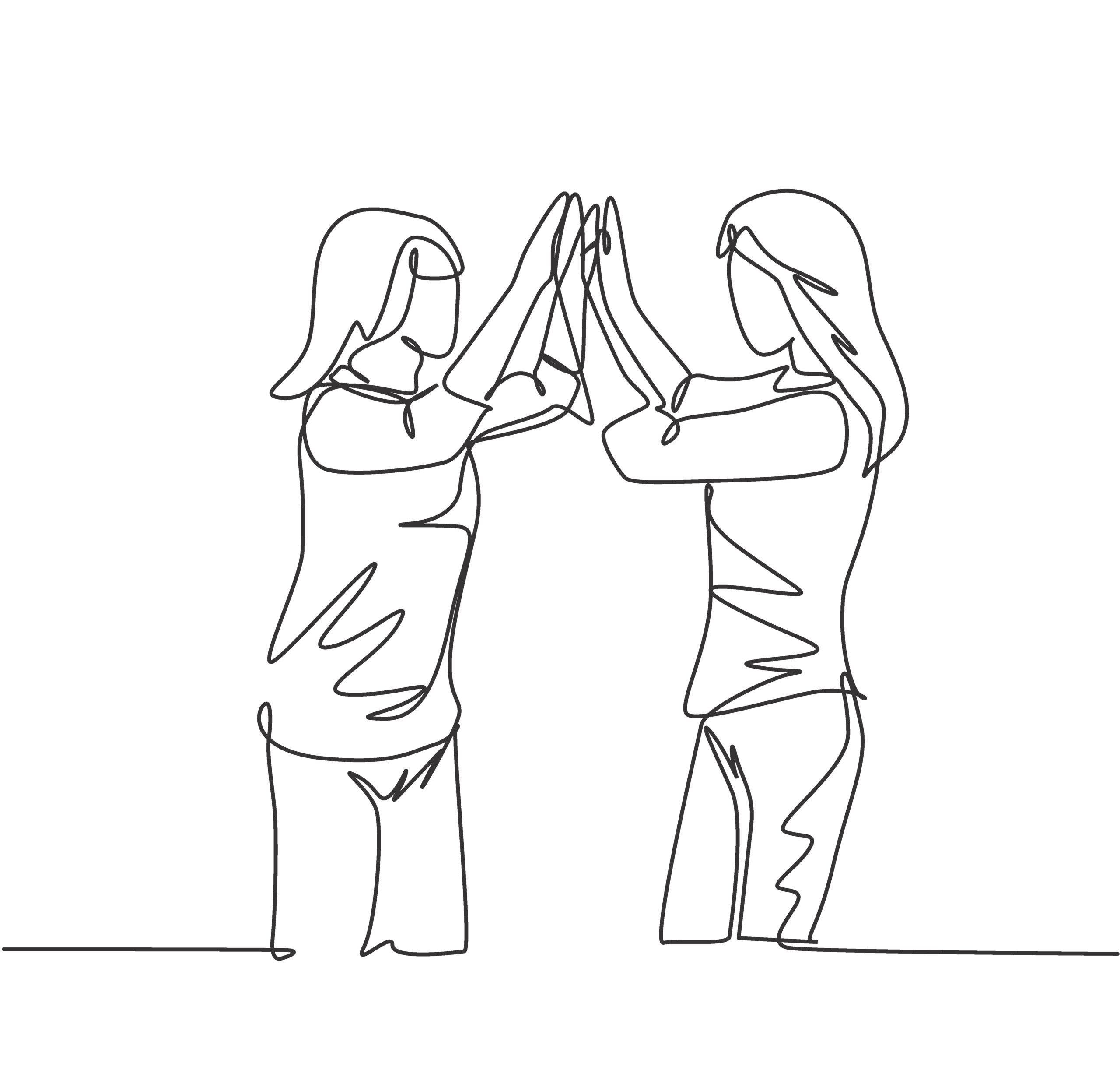 A simple line drawing of two people facing each other, giving a high-five with both hands raised and touching.