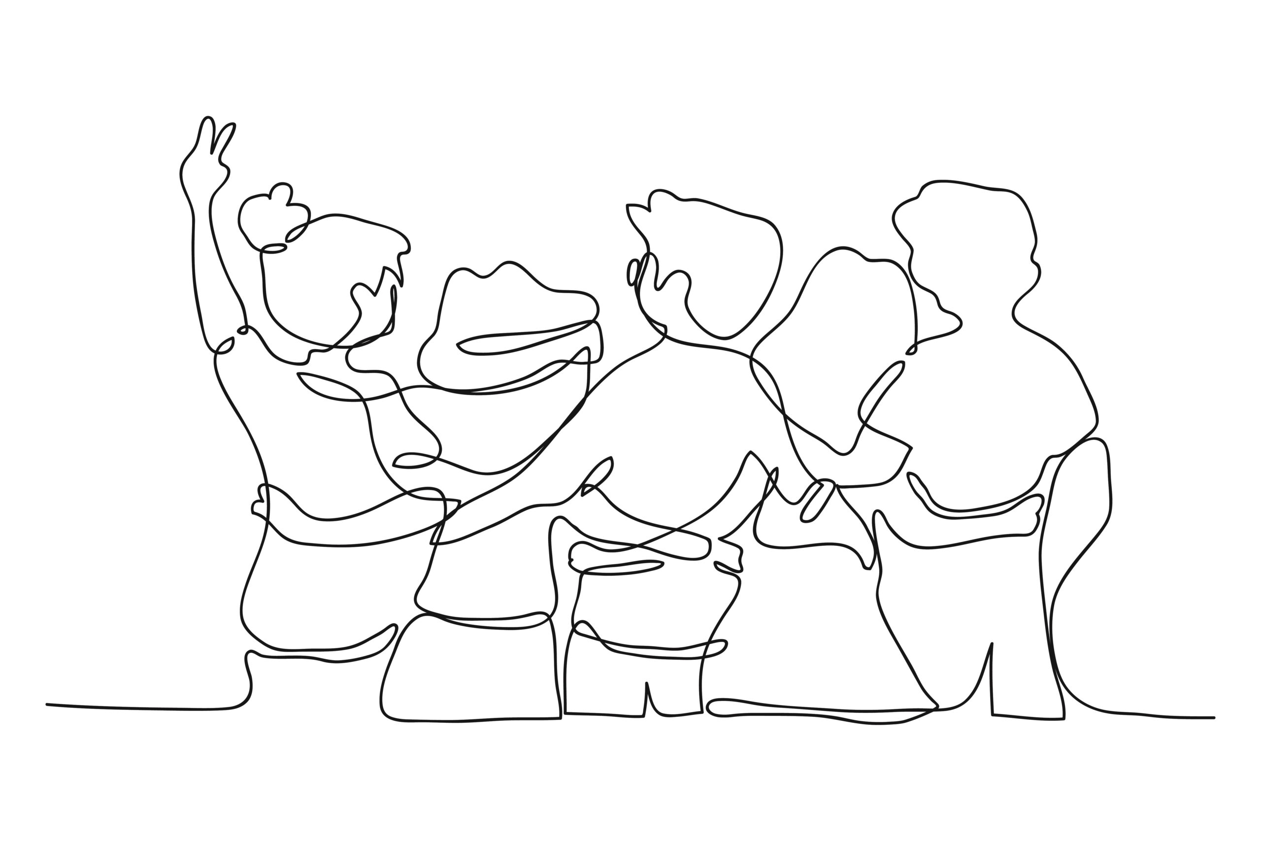 A continuous line drawing of five people standing side by side with their arms around each other, facing away from the viewer. One person on the left is raising a peace sign.